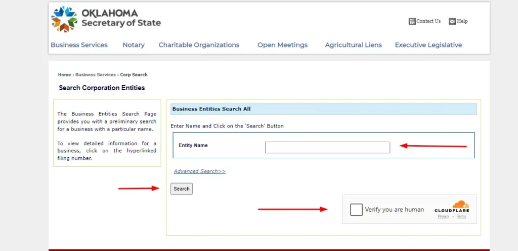 Oklahoma Business Entity Search tool