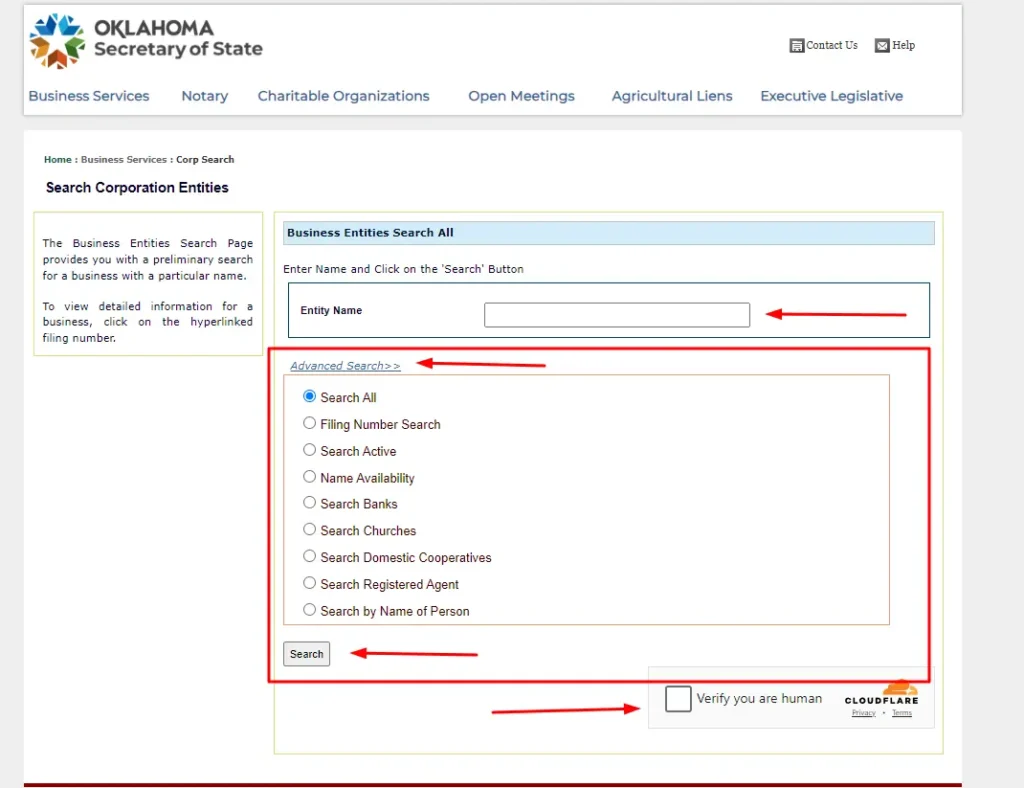 Oklahoma Business Entity advance Search tool