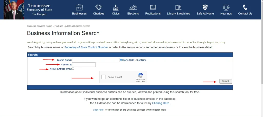 Tennessee Secretary of State's Business Entity Search page.